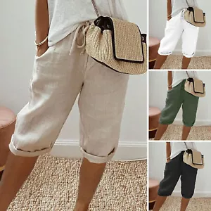 Summer Pants Vintage Style Breathable Knee-length with Pockets for Women Elastic - Picture 1 of 11