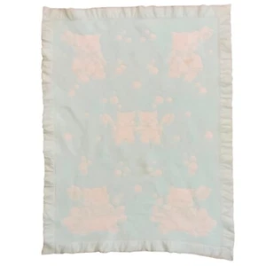 Vintage Baby Blanket With Satin Trim Kittens Bathing Design 34x44 Blue White - Picture 1 of 9