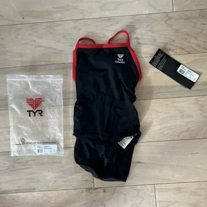 Costume da bagno TYR Durafast Youth tinta unita Ringback 1 pezzo nero rosso orlo ragazza taglia 24 - Foto 1 di 3