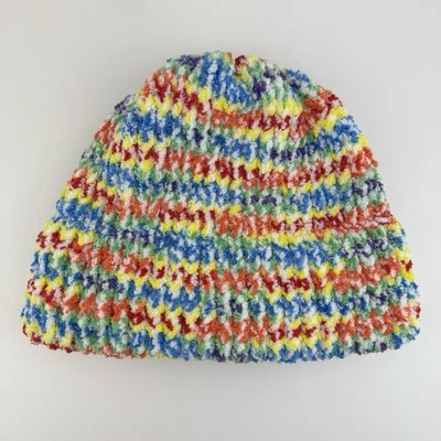 OOAK Handmade Women's OSFM Hand Knit Rainbow Beanie Winter Hat Cap Ribbed Cuffed - Image 1 of 4