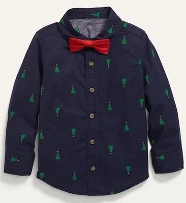 Nuevo Conjunto de Camisa y Pajarita Estampada de Popelina Vacaciones Azul Marino Antiguo para Niños Pequeños Talla 3T Foto 1 de 4