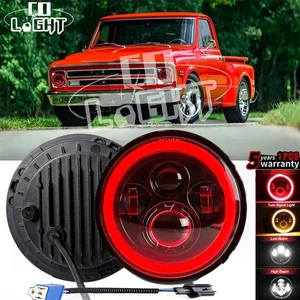 7 Inch Round LED Headlight Red Halo DRL Hi/Lo Fit Chevy C10 Camaro Pickup Truck - Picture 1 of 15