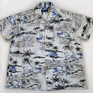 Camisa Hawaiana Bahía Hawaiana Floral Abotonada, Grande - Blanco Azul Playa Campamento Estilo - Imagen 1 de 11