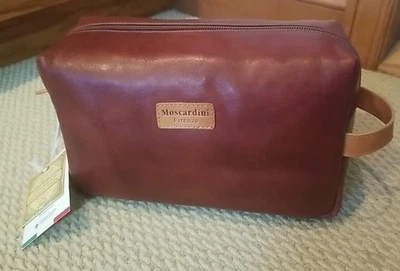 MOSCARDINI FIRENZE 棕色皮革上衣拉链男女通用盥洗用品提手包意大利全新带标签 — 第 1/4 张图片