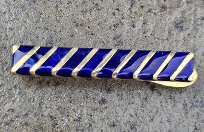Vintage Tiffany & Co. 18k Yellow Gold Tie Bar Blue Enamel Stripes 9.9g 1.75" - Image 1 of 4