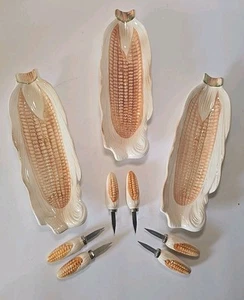 Vintage Corn Cob Serving Set w/Ceramic Handle Holders 9 Pieces - Picture 1 of 4