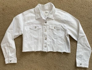 Almost Famous weiße Denim kurze Jacke Damen Größe Small roher Unterrand - Bild 1 von 7