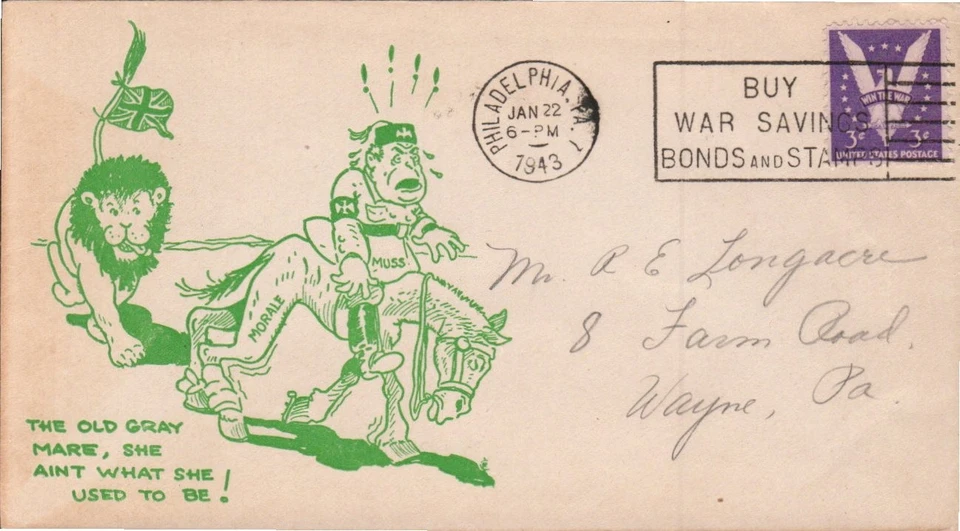 WWII "OLD GRAY MARE" BUY WAR SAVINGS BONDS JAN 22 1943 PHILADELPHIA PA CACHET - Image 1 of 1
