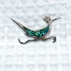 Vintage Turquoise Stone Inlay Roadrunner Brooch Pin Pendant Silver Tone Small - Picture 1 of 7