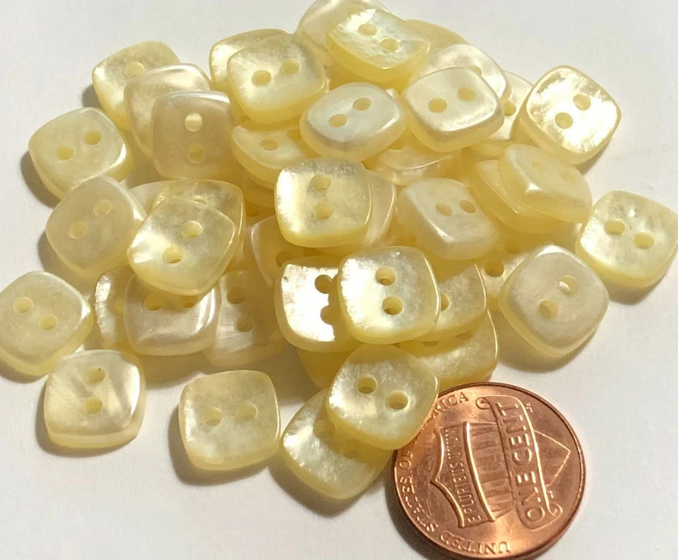 24 Pale Yellow Small Square Pearlized Plastic Buttons 3/8" 10MM # 6245 - Image 1 of 1