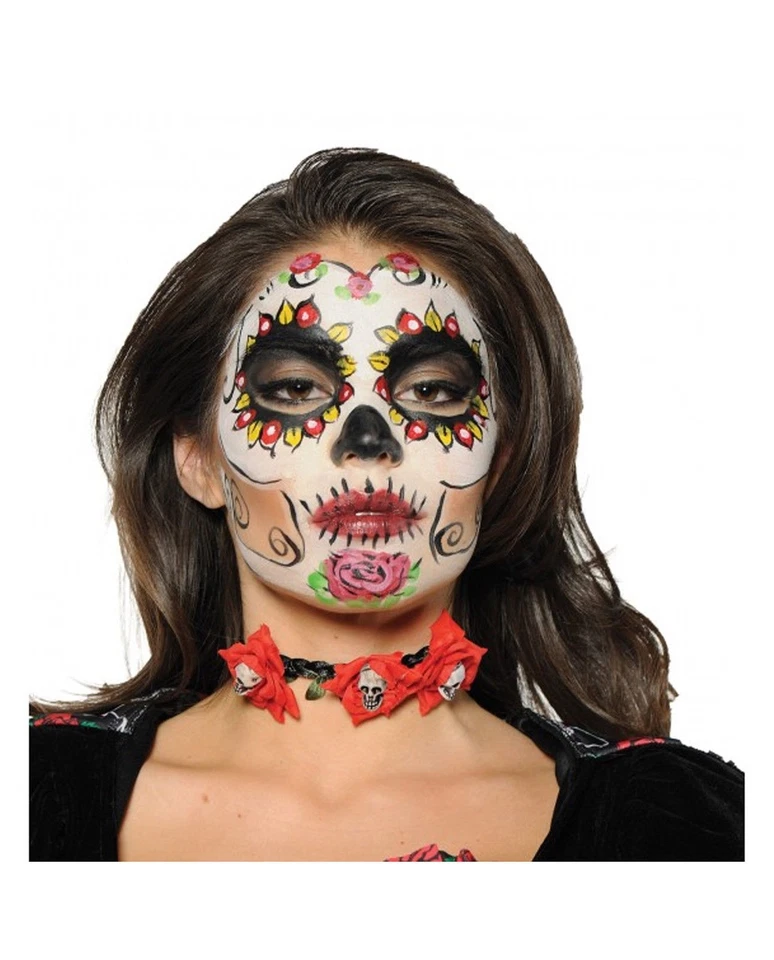 Women's Day of the Dead Choker Sugar Skull Black Red Necklace Costume Accessory - Image 1 of 1