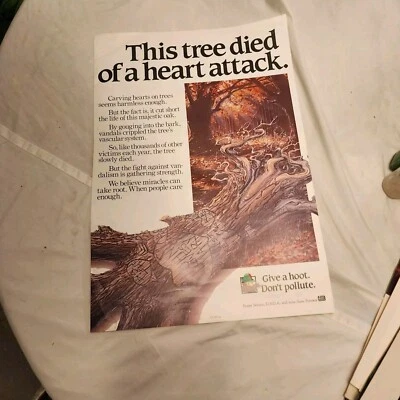 Póster vintage de búho leñoso Este árbol murió de un ataque al corazón 18"x12,5" Foto 1 de 3