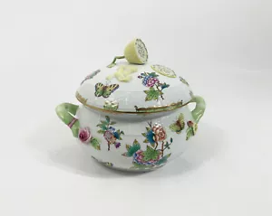Herend Queen Victoria Green Boarder Lemon Handle Soup Tureen Bowl - Picture 1 of 15
