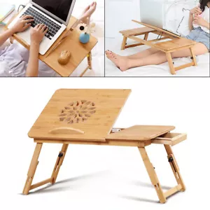 Bamboo Portable Folding Laptop Desk Mobile Laptop Bed Table Furniture w/ Drawer - Picture 1 of 8