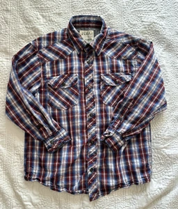 PD&C Kids Plaid Long Sleeve Rolled Snap Western Red White Blue Shirt - Picture 1 of 12