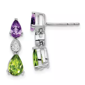 14K Solid White Gold Amethyst Peridot Diamond Dangle Earrings - Picture 1 of 5