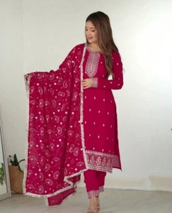 Pink Elegant Blooming Vichitra Silk Kurta with Dupatta Pant Set Ready To Wear - Picture 1 of 13
