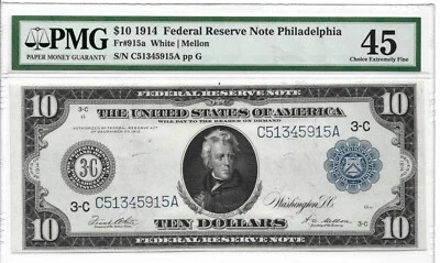 1914 $10 Federal Reserve Note Philadelphia FR 915a White/Mellon : PMG 45 - Image 1 of 2