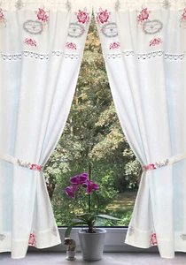 Landhaus Gardine Set 2St weiß beige Retro mit Spitze 140x75Gesamt150cm+2 Bänder - Bild 1 von 1