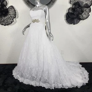 NWT~$2750~DEMETRIOS~10/12~WHITE STRAPLESS RHINESTONE BEADED LACE WEDDING DRESS - Picture 1 of 24