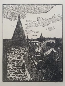 Wehrgang von Murten Gustav Gamper signierter Holzschnitt Ringmauer Schweiz 1920 - Bild 1 von 5