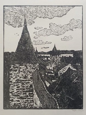 Wehrgang von Murten Gustav Gamper signierter Holzschnitt Ringmauer Schweiz 1920 - Bild 1 von 4