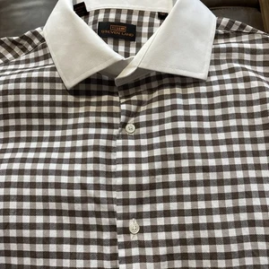 Steven Land Herren Oberhemd Französisch Manschette Manschettenknöpfe 17 1/2 36/37 groß braun weiß - Bild 1 von 5