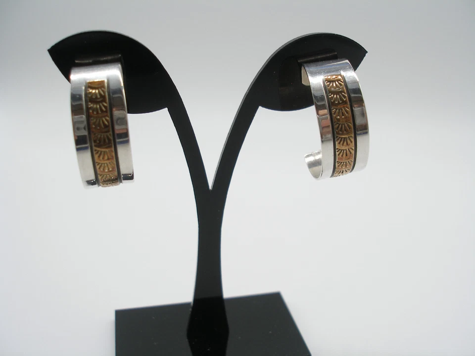 HOOP EARRINGS 12 KT GOLD FILLED STERLING SILVER 1"  SOUTHWEST STYLE  UNIQUE - Image 1 of 4