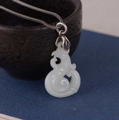 I05 Rimorchio Fenice Di Bianca Giada Argento 925 Cloisonne Foglie Blu Lilla - Immagine 1 di 4