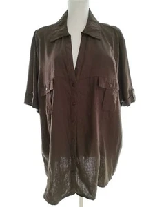 Essence Size 28 (56) Brown Buttoned Tunic Blouse Linen Short Sleeve Pockets - Picture 1 of 5