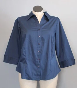 Gitano 18/20W Button Up Blouse 3/4 Elbow Sleeve V-Neck Cotton Navy Blue NEW NWT - Picture 1 of 12