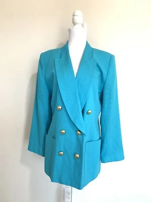 Blazer Oleg Cassini turquesa azul dourado botão peito duplo feminino 10 BNC1 - Imagem 1 de 4