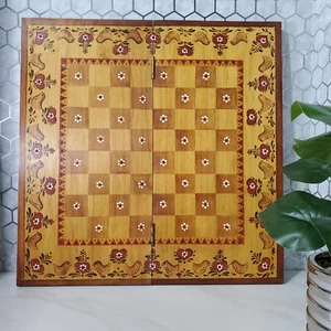 Backgammon Chess / Checkers Reversible Folding Board Hand Painted Wood Folk Art - Picture 1 of 16