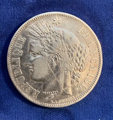 FRANCE  REPUBLIC  1850-A  5 FRANCS SILVER COIN, LIGHTLY CIRCULATED, SCRATCHED - Image 1 of 2