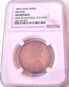 1892 India Rupee, Bikanir , NGC AU details, nice silver coin #1837, #57-20 - Picture 1 of 4