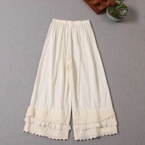 Mujeres Retro Lolita Pantalones Pierna Ancha Pantalones Suaves Encaje Borde Pantalones Sueltos - Imagen 1 de 18