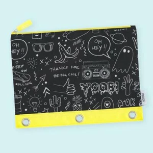 Yoobi Brand ~ Binder Zip Case ~ Black ~ White ~ Yellow ~ Doodles - Picture 1 of 2