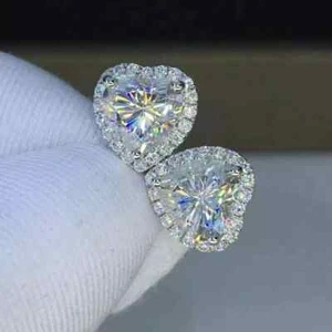 14k White Gold Plated 3 CT Lab Created Diamond Halo Heart Shape Stud Earrings - Picture 1 of 3