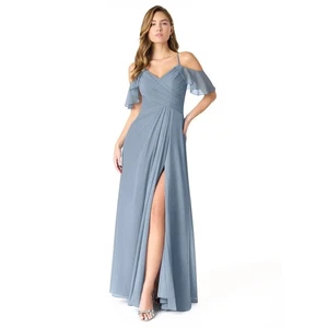 Azazie Women's A-Line V-Neck Pleated Chiffon Dress Cap Sleeves Dusty Blue Size 2 - Picture 1 of 10