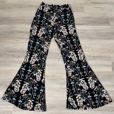 Zara Women XS Retro Floral Pants Bell Bottom Flare Multicolor Elastic Waistband. - Image 1 of 4