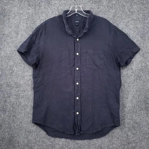 J Crew Button Down Shirt Mens Large Navy Blue Slim Fit Linen Blend Short Sleeve - Picture 1 of 8
