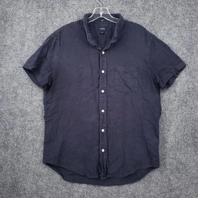 J Crew Button Down Shirt Mens Large Navy Blue Slim Fit Linen Blend Short Sleeve - Image 1 of 4