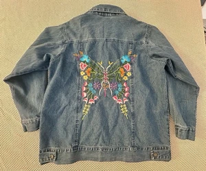 VTG Quacker Factory Jean Jacket Size L/XL Denim Embroidered Butterfly Grannycore - Picture 1 of 11