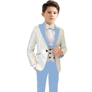 Jacquard Boy Suits 3 Pieces Wedding Formal Dress For Kids Suits Peak Lapel Suits - Picture 1 of 17