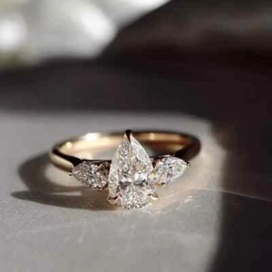 3Ct Pear Cut Lab Created Diamond Three-Stone 14K Yellow Gold FN Engagement Ring - Picture 1 of 8