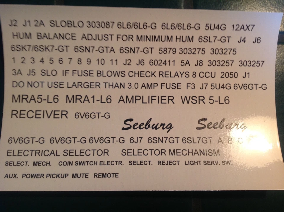 JUKEBOX SEEBURG  MRA5-L6. AMPLIFIER DECAL SET - Image 1 of 1