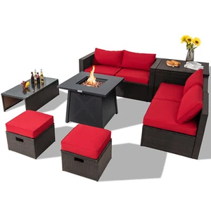 Patio 9PCS Rattan Furniture Set Space Saving 30” Fire Pit Table Red Cover - Picture 1 of 11