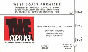 Dec 19 1963 Eygptian Theatre West Coast Premiere Ticket THE CARDINAL Movie Film - Picture 1 of 2