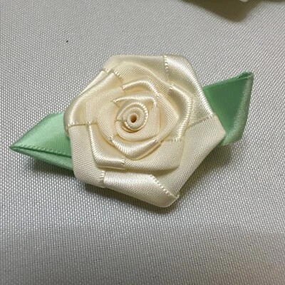 Handmade 2” Satin Rose w/leaf For Sewing Crafting Applique Fabric Roses - Image 1 of 4