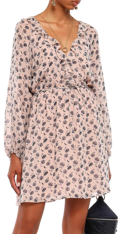 JOIE Marelle Silk Ruffle V-neck Tie- Waist Floral Pink Sky Dress Sz M